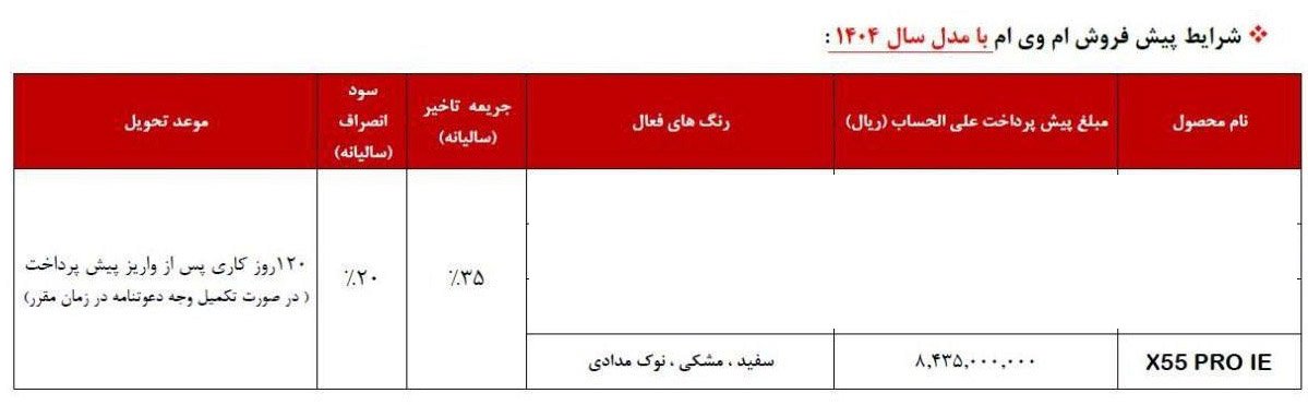 شرایط فروش ام وی ام x55 پرو / خرداد 1404