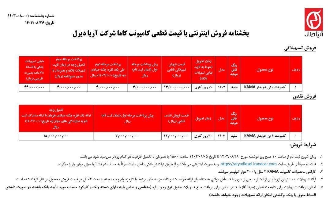 شرایط فروش محصولات آریا دیزل / آبان 1403