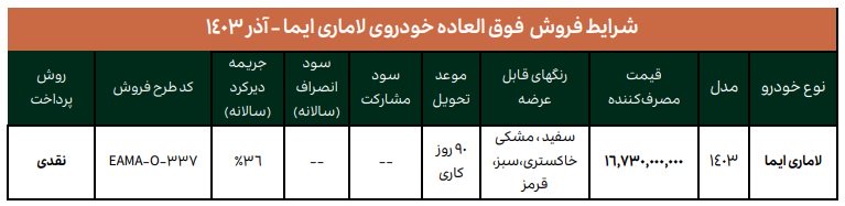 شرایط فروش لاماری ایما / آذر 1403