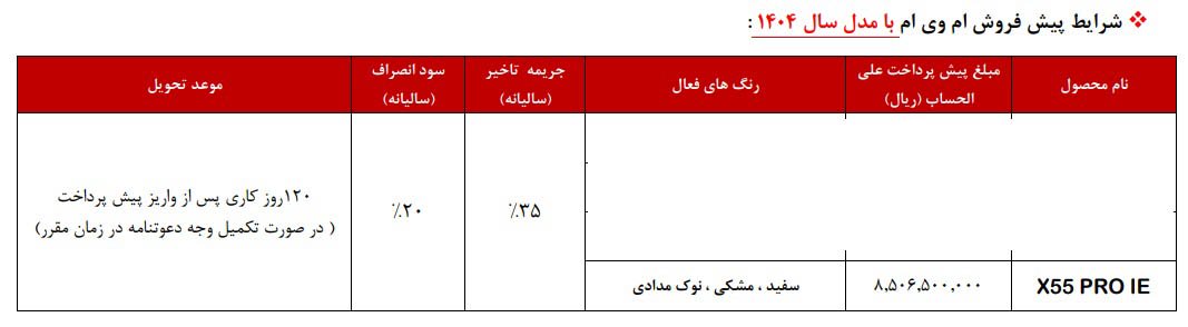 شرایط فروش ام وی ام x55 پرو / مرداد 1404