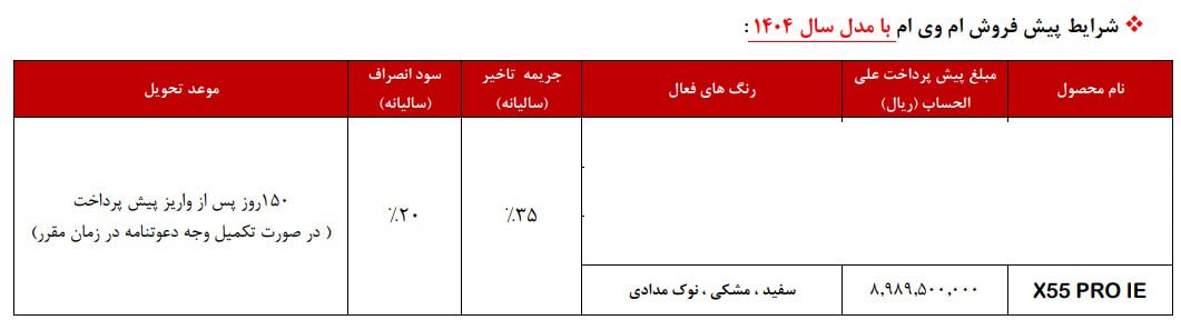 شرایط فروش ام وی ام x55 پرو / مهر 1404