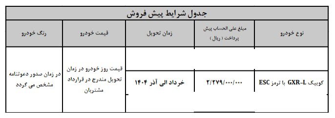 شرایط فروش کوییک GXR L / آذر 1403