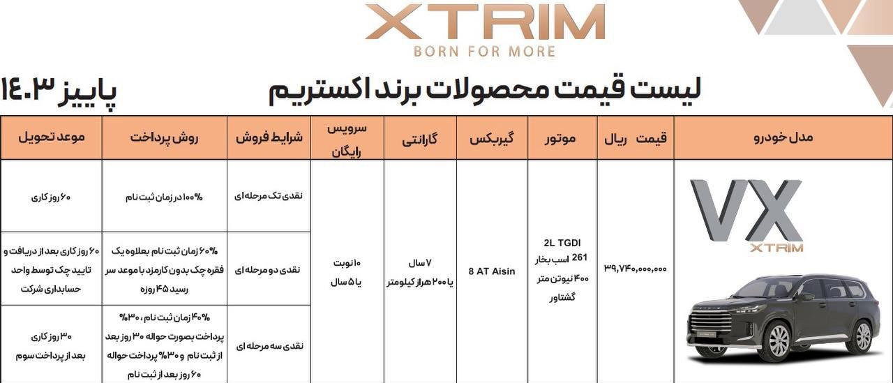 شرایط فروش اکستریم VX / آذر 1403