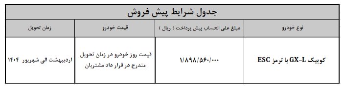 شرایط فروش کوییک GX L / آبان 1403