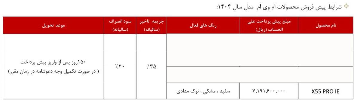 شرایط فروش ام وی ام x55 پرو / شهریور 1404