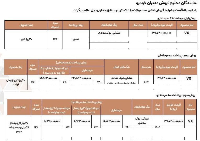 شرایط فروش اکستریم VX / آبان 1403