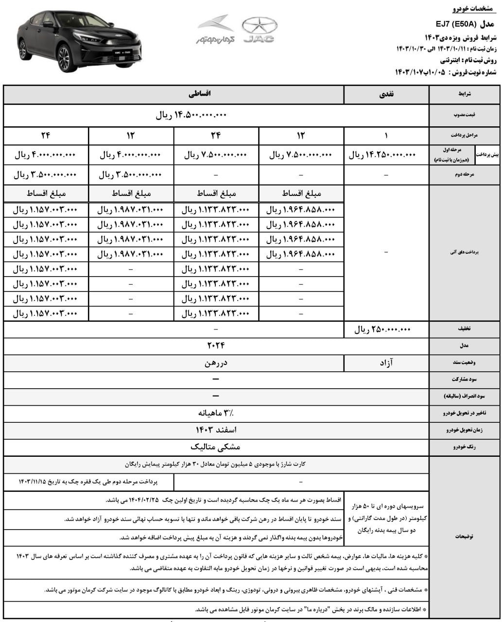 شرایط فروش جک J7 برقی / دی 1403
