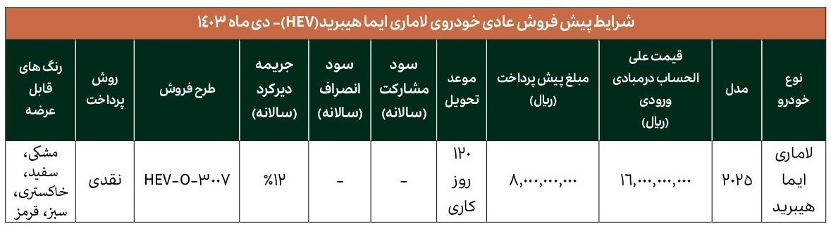 شرایط فروش لاماری ایما هیبریدی / دی 1403