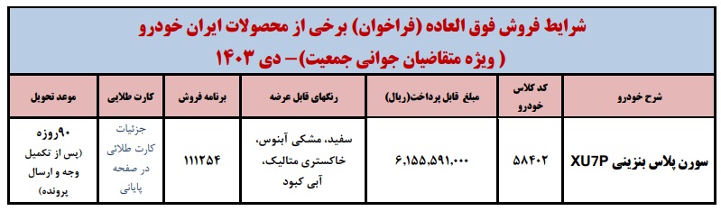 شرایط فروش سورن پلاس XU7P / دی 1403
