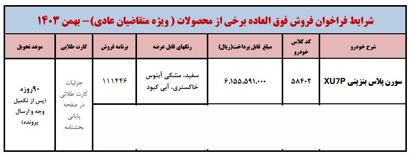 شرایط فروش سورن پلاس XU7P / بهمن 1403