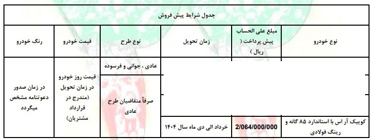 شرایط فروش کوییک R تیپ S / بهمن 1403