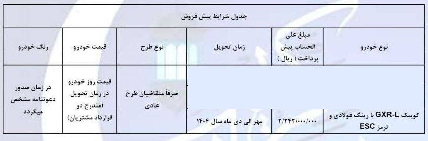شرایط فروش کوییک GXR L / اسفند 1403