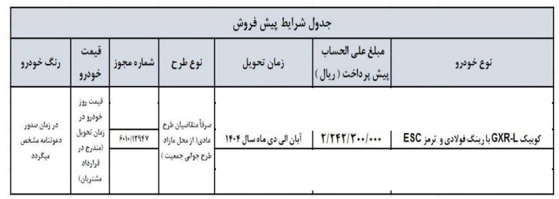شرایط فروش کوییک GXR L / فروردین 1404
