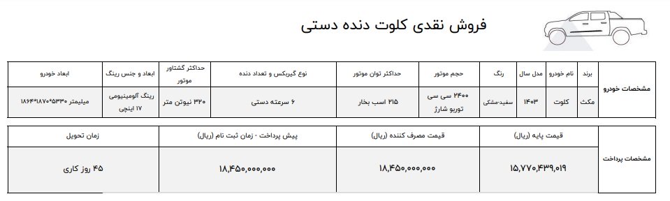 شرایط فروش پیکاپ کلوت مکث موتور / بهمن 1403
