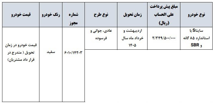 شرایط فروش ساینا S / شهریور 1404