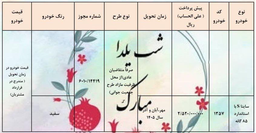 شرایط فروش ساینا S / آذر 1404