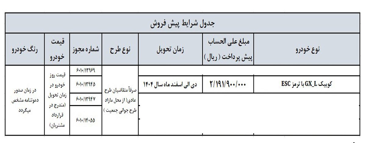 شرایط فروش کوییک GX L / اردیبهشت 1404