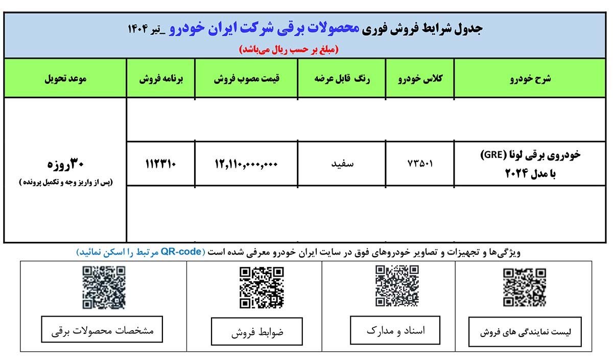 شرایط فروش خودروی برقی لونا / تیر 1404