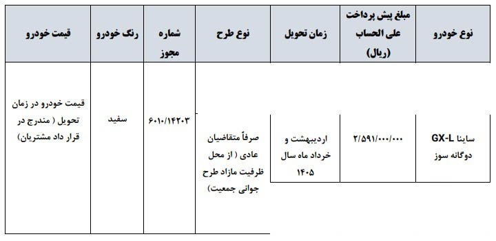 شرایط فروش ساینا GXL دوگانه سوز / شهریور 1404