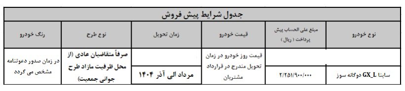 شرایط فروش ساینا GX-L دوگانه سوز / دی 1403