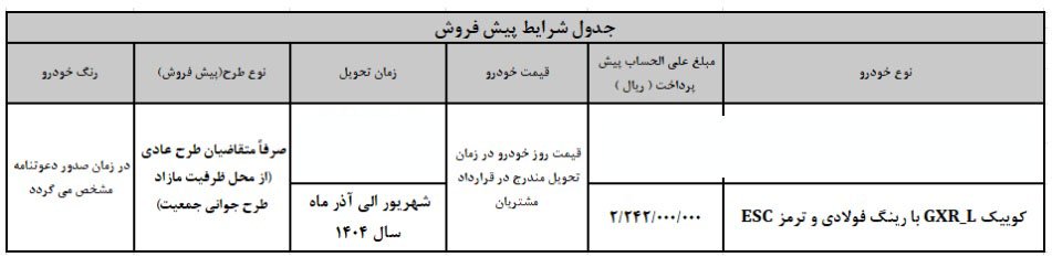 شرایط فروش کوییک GXR L / دی 1403
