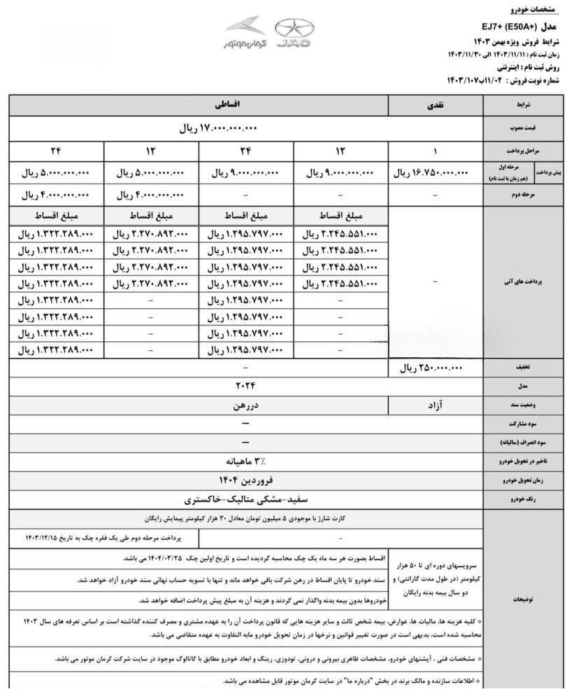 شرایط فروش جک J7 برقی - KMC EJ7 پلاس / بهمن 1403