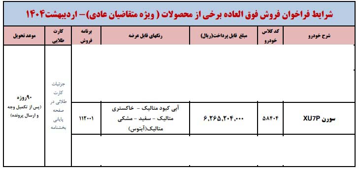 شرایط فروش سورن پلاس XU7P / اردیبهشت 1404