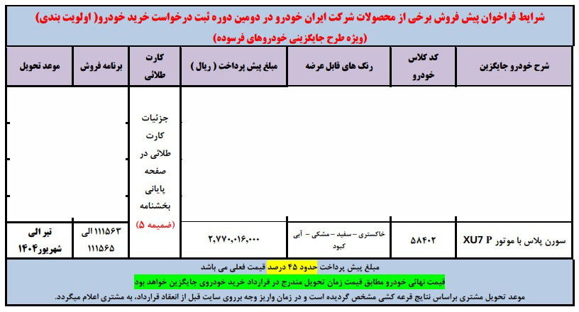 شرایط فروش سورن پلاس XU7P / بهمن 1403