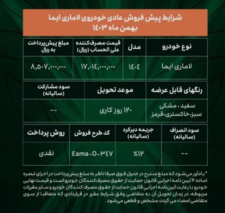 شرایط فروش لاماری ایما / بهمن 1403