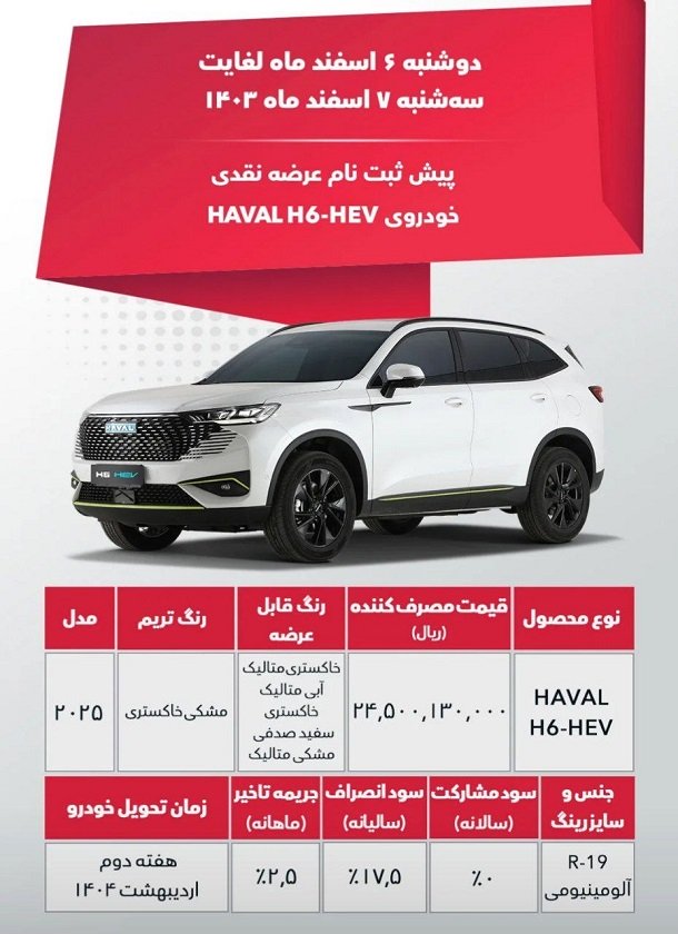 شرایط فروش هاوال H6 مدل 2025 / اسفند 1403