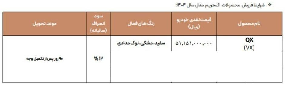 شرایط فروش اکستریم VX / شهریور 1404