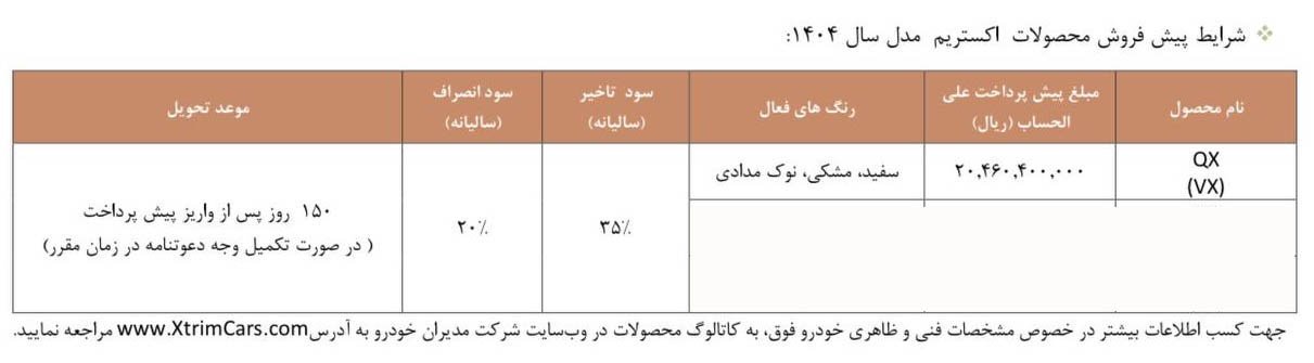 شرایط فروش اکستریم VX / شهریور 1404