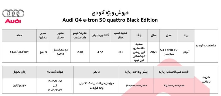 شرایط فروش آئودی Q4 ای ترون / اسفند 1403