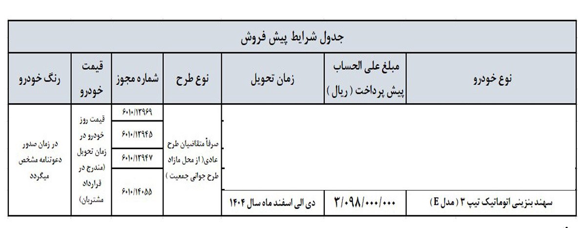شرایط فروش سهند اتوماتیک / اردیبهشت 1404