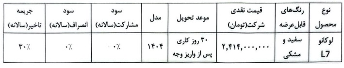 شرایط فروش لوکانو L7 / فروردین 1404