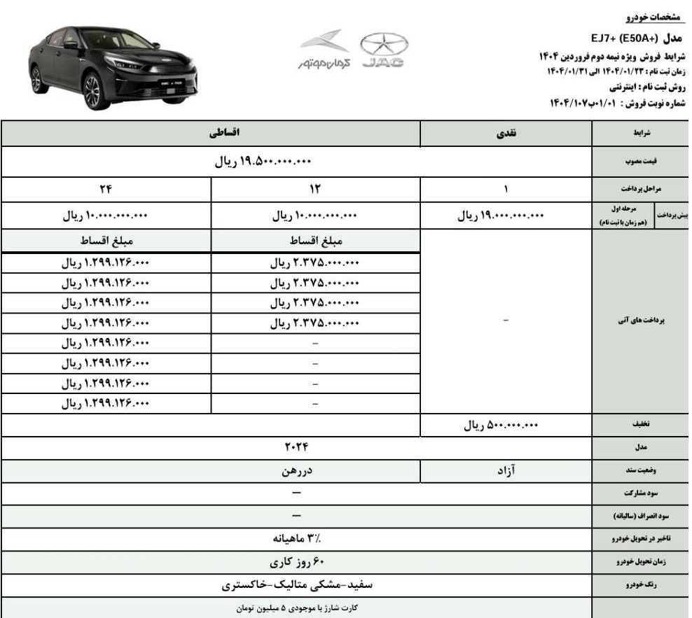 شرایط فروش جک EJ7 پلاس / فروردین 1404