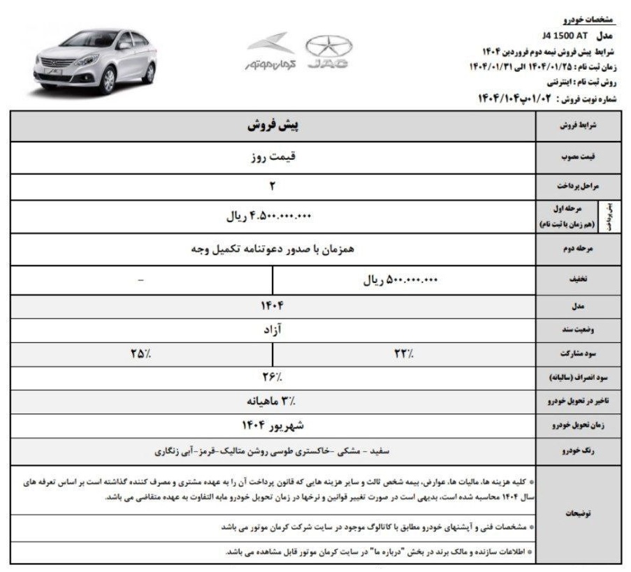 شرایط فروش جک J4 / فروردین 1404
