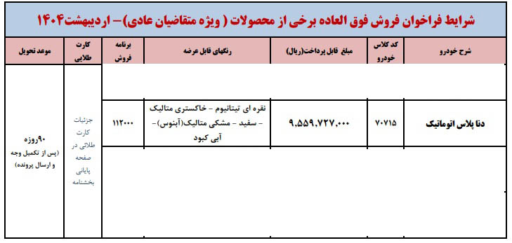 شرایط فروش دنا پلاس توربو اتوماتیک آپشنال / اردیبهشت 1404