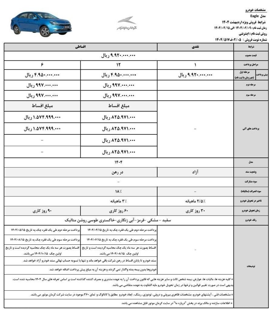 شرایط فروش کی ام سی ایگل / اردیبهشت 1404