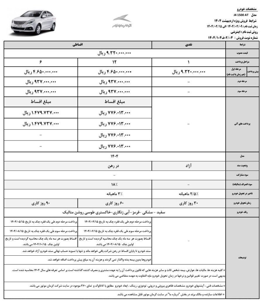 شرایط فروش جک J4 / اردیبهشت 1404