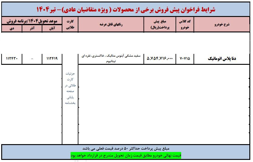 شرایط فروش دنا پلاس توربو اتوماتیک آپشنال / تیر 1404