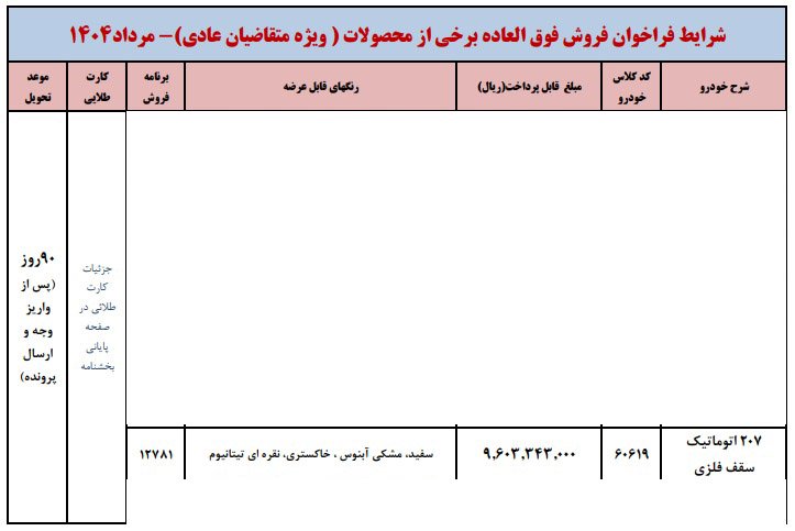 شرایط فروش پژو 207 اتوماتیک / مرداد 1404
