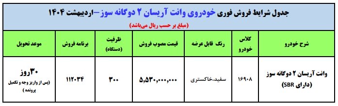 شرایط فروش وانت آریسان 2 / اردیبهشت 1404