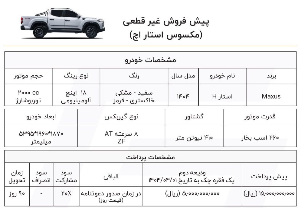 شرایط فروش مکسوس استار H / اردیبهشت 1404