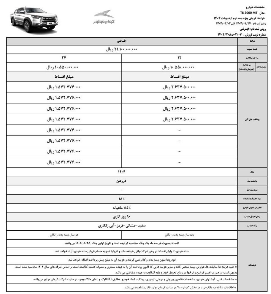 شرایط فروش جک KMC T8 / اردیبهشت 1404