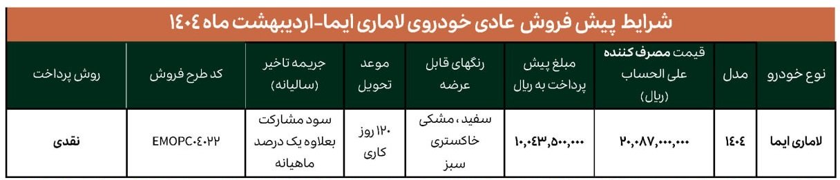 شرایط فروش لاماری ایما / اردیبهشت 1404