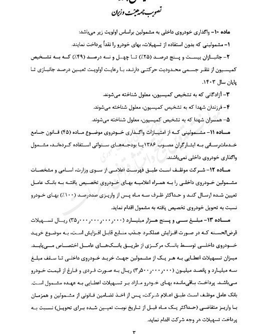 ابلاغ آیین نامه اجرایی واردات خودروهای جانبازان