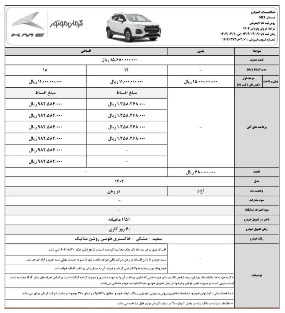 شرایط فروش کی ام سی SR3 / تیر 1404