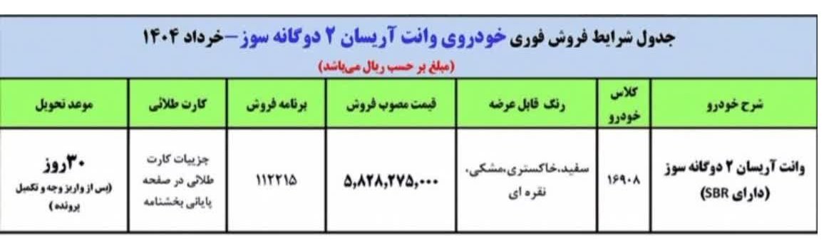 شرایط فروش وانت آریسان 2 / خرداد 1404