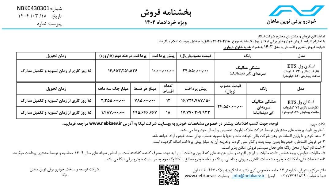 شرایط فروش اسکای ول ET5 / خرداد 1404
